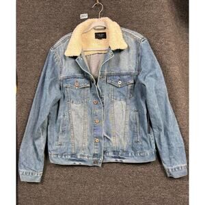TRIOT Los Angeles Denim Faux Sherpa Jean Trucker Jacket Mens Size L Blue Washed